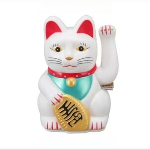 Lucky Cat Figurine with Red and Gold Accents- Arm Waves
